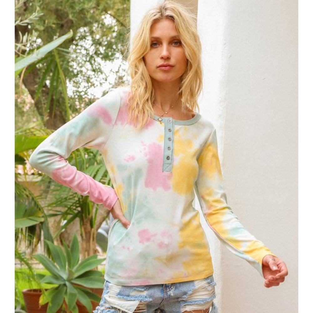 Fall Rib Knit Tops Tie Dye Henley Top Women’s Casual Button Up Tops